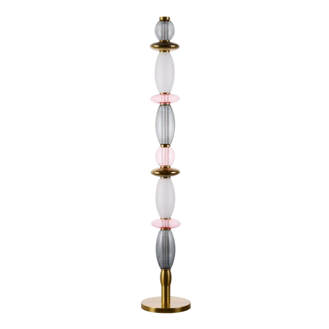 Lampadaire LÉONOR en verre soufflé avec sphères translucides blanches et grises et anneaux en métal rose gold