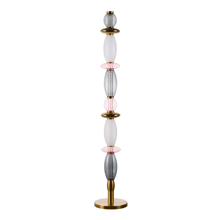Lampadaire LÉONOR en verre soufflé avec sphères translucides blanches et grises et anneaux en métal rose gold