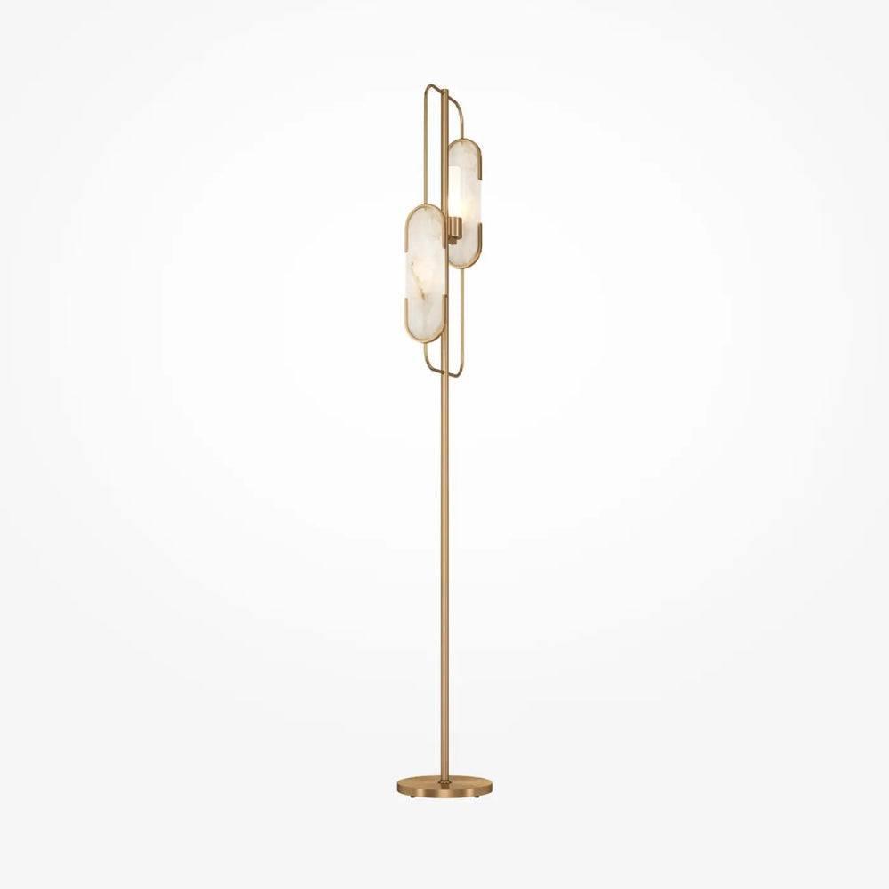 Lampadaire marmo pied doré avec deux abat-jours ovales en verre dépoli et finition laiton moderne