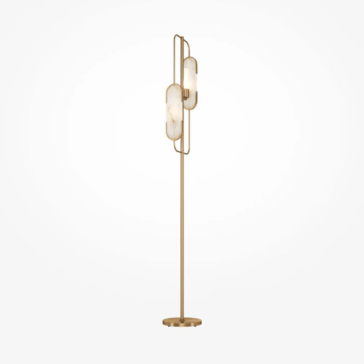 Lampadaire marmo pied doré avec deux abat-jours ovales en verre dépoli et finition laiton moderne