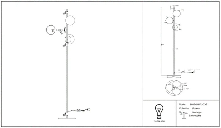 Lampadaire nostalgia avec trois globes en verre opalin et structure en acier noir pour intérieur moderne