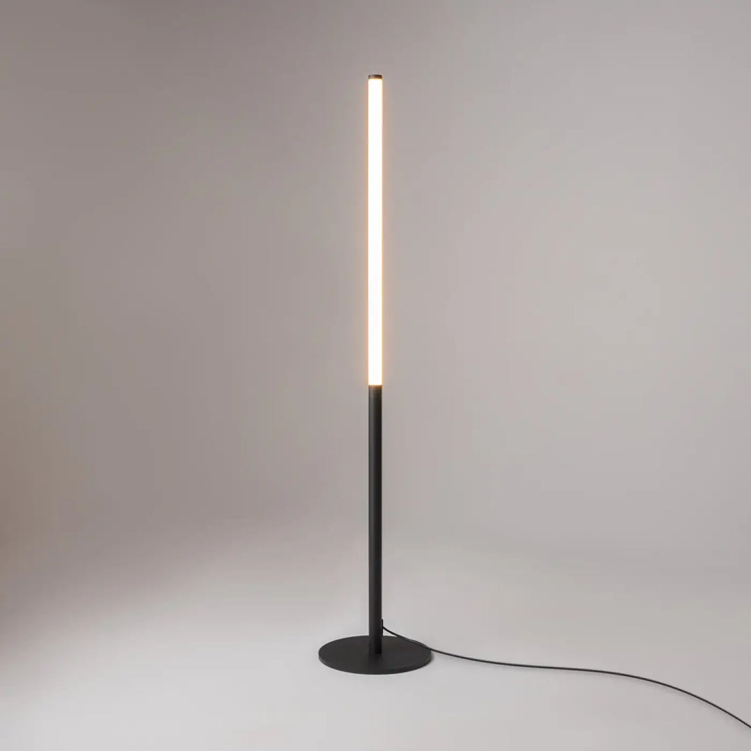 Minimalist lampadaire ray en acier noir avec tube lumineux led cylindrique émettant une lumière blanche chaude