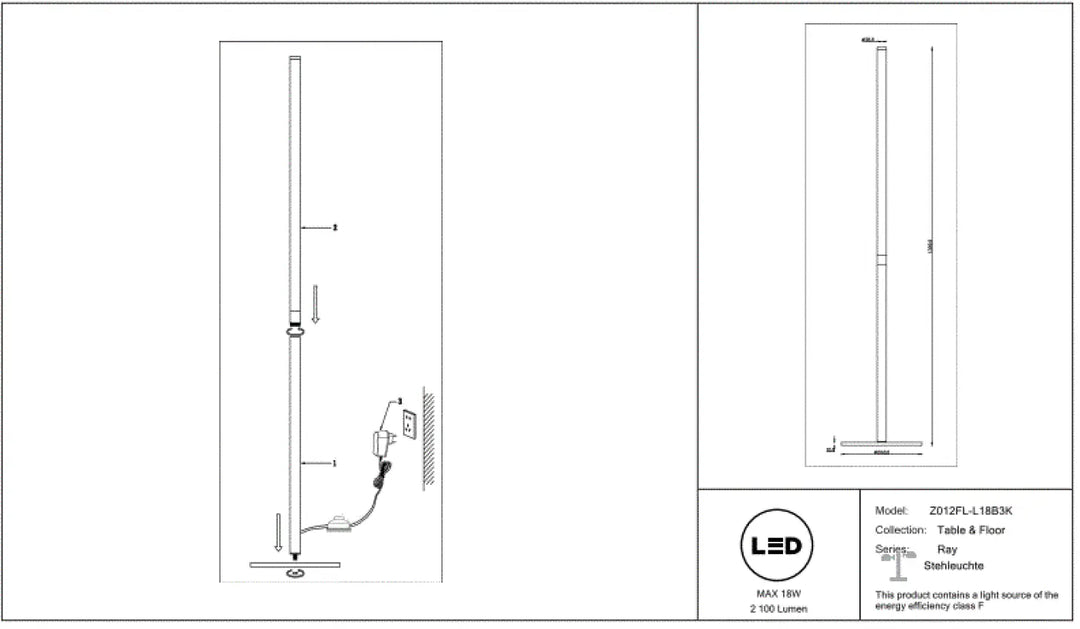 Lampadaire ray tube lumineux en acier noir avec corps cylindrique haut et base plate design minimaliste