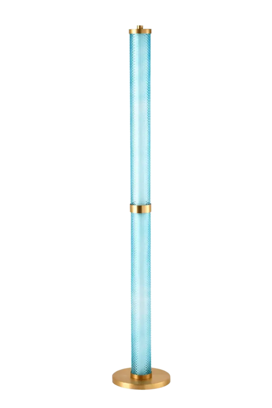 Lampadaire tiffany en verre bleu clair translucide avec motifs texturés et anneaux métalliques dorés rose spinelle