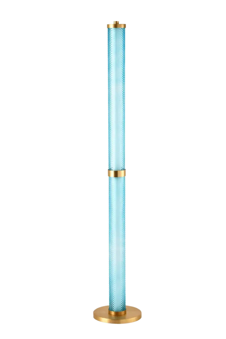 Lampadaire tiffany en verre bleu clair translucide avec motifs texturés et anneaux métalliques dorés rose spinelle