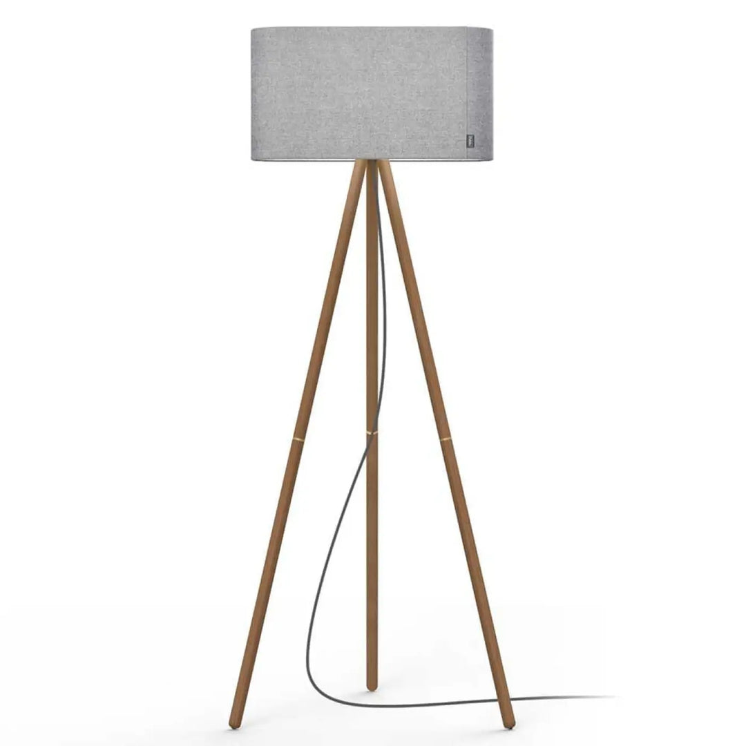 Lampadaire Belmont, abat-jour gris argenté et pieds en noyer