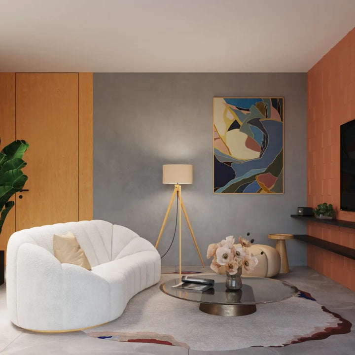 Lampadaire taupe/bois naturel dans un intérieur contemporain