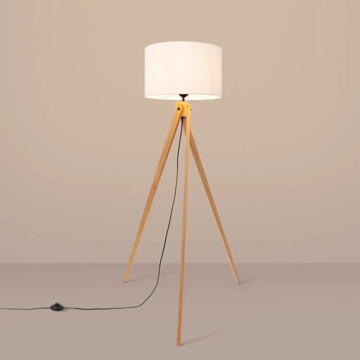 Lampadaire bois blanc/naturel allumé