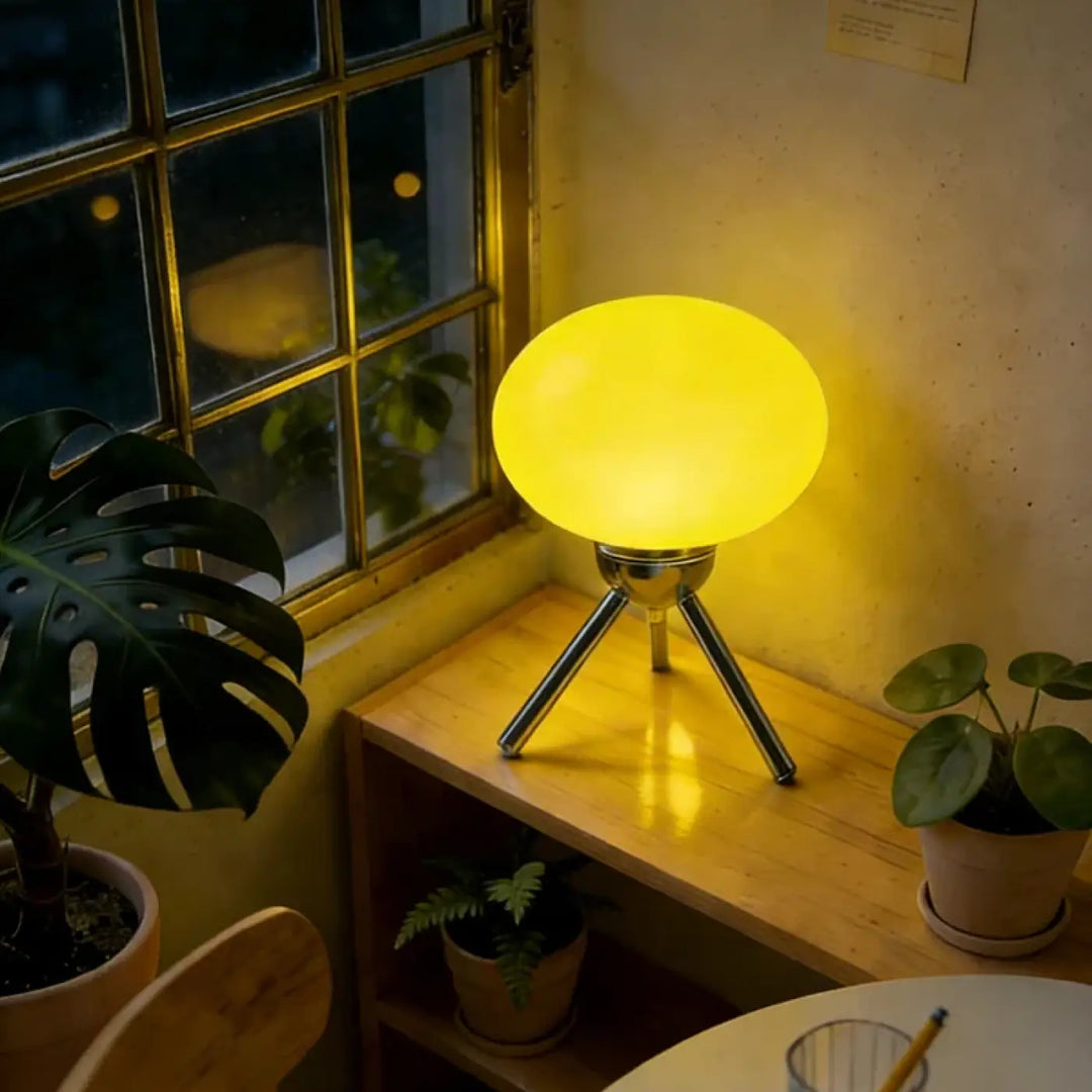 Lampe de chevet nordou champignon rétro jaune globe en métal sur pied trépied sur étagère en bois