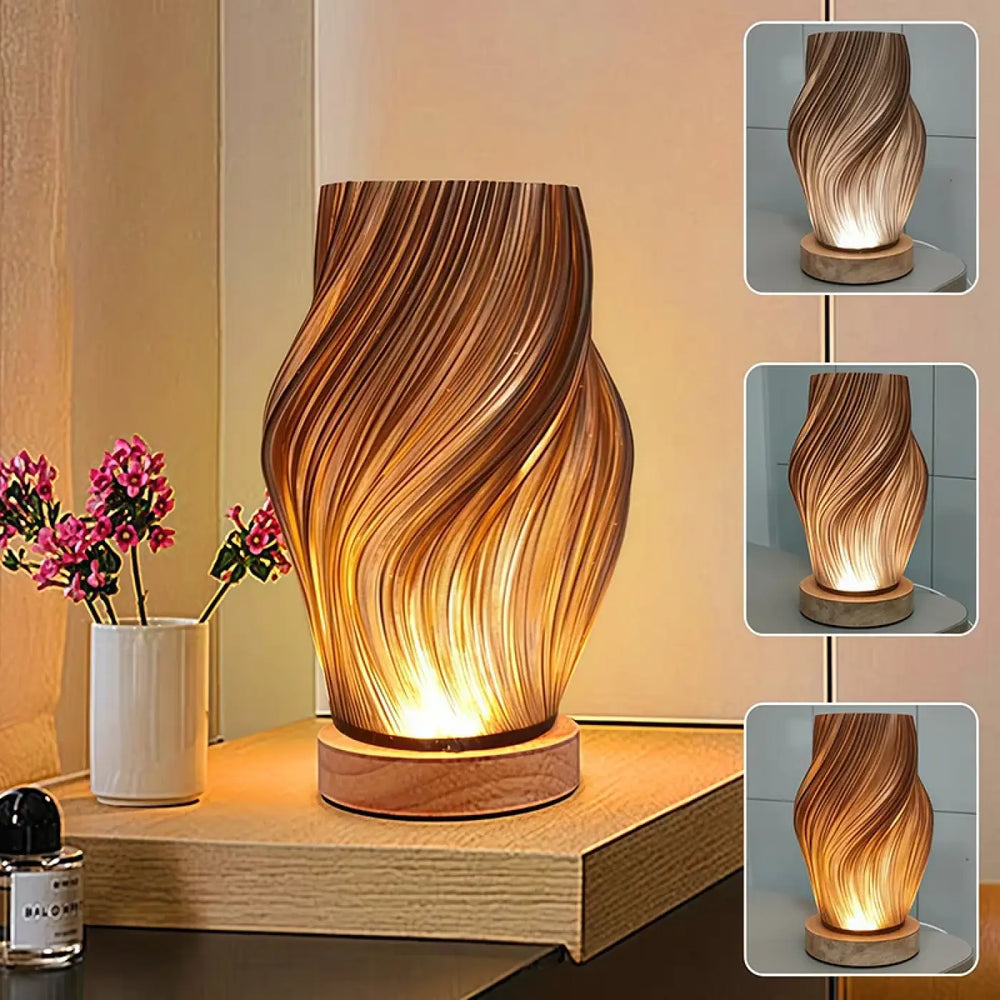 Lampe de chevet layers en bois sculptural aux tons chauds avec lumière douce ambre et design élégant choix parfait