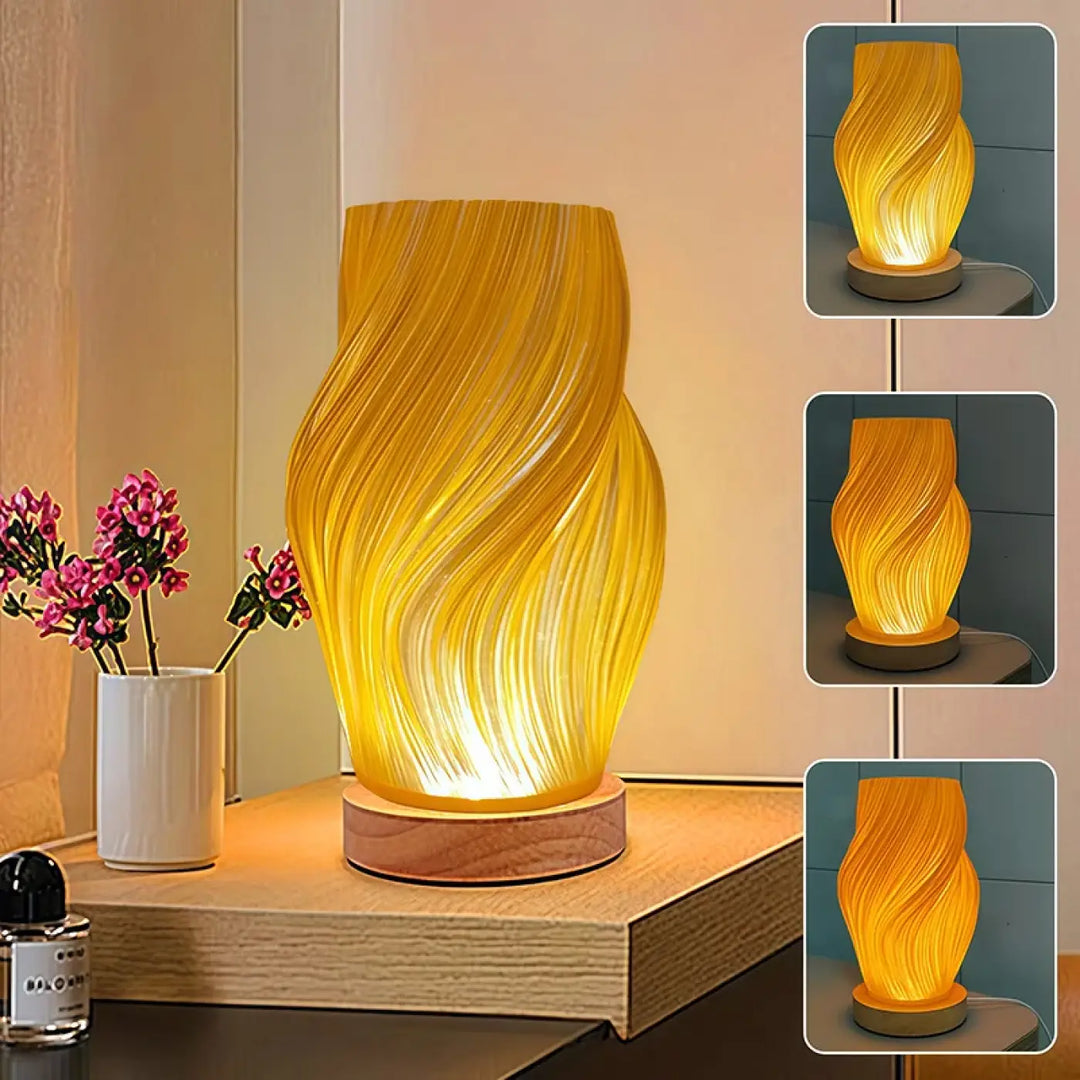 Lampe de chevet layers avec design élégant en verre jaune torsadé et base en bois pour une lumière douce et un choix parfait