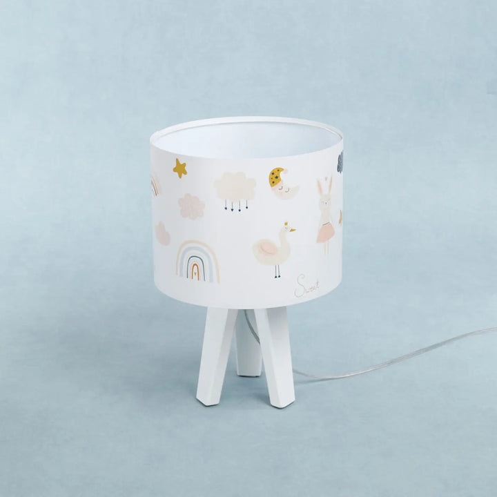 Lampe de table sweet dreams blanc orange avec abat-jour cylindrique motifs animaliers pastel pour chevet enfant en tissu doux