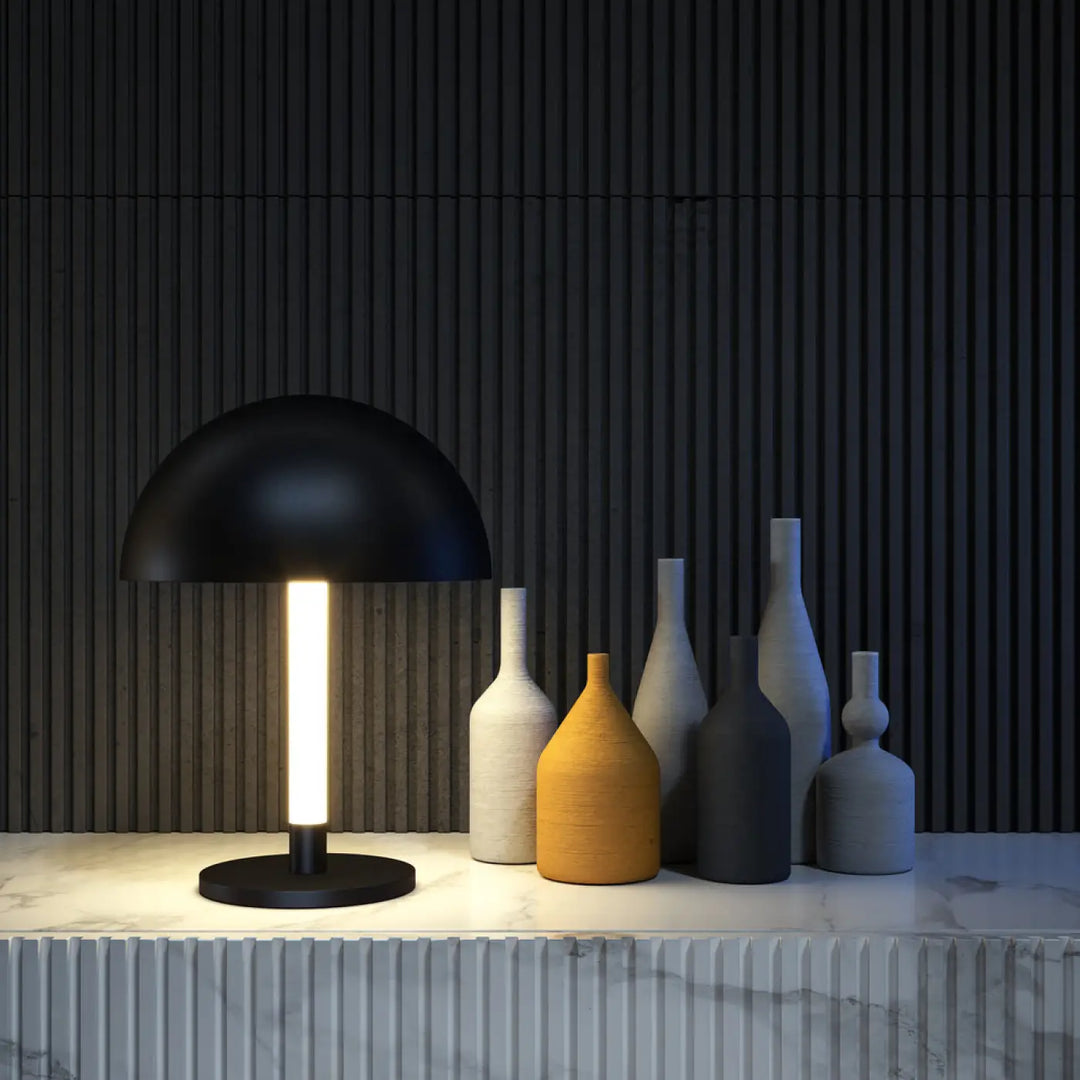 Lampe de chevet ray tube courbé en acier noir avec design moderne et lumière led chaleureuse
