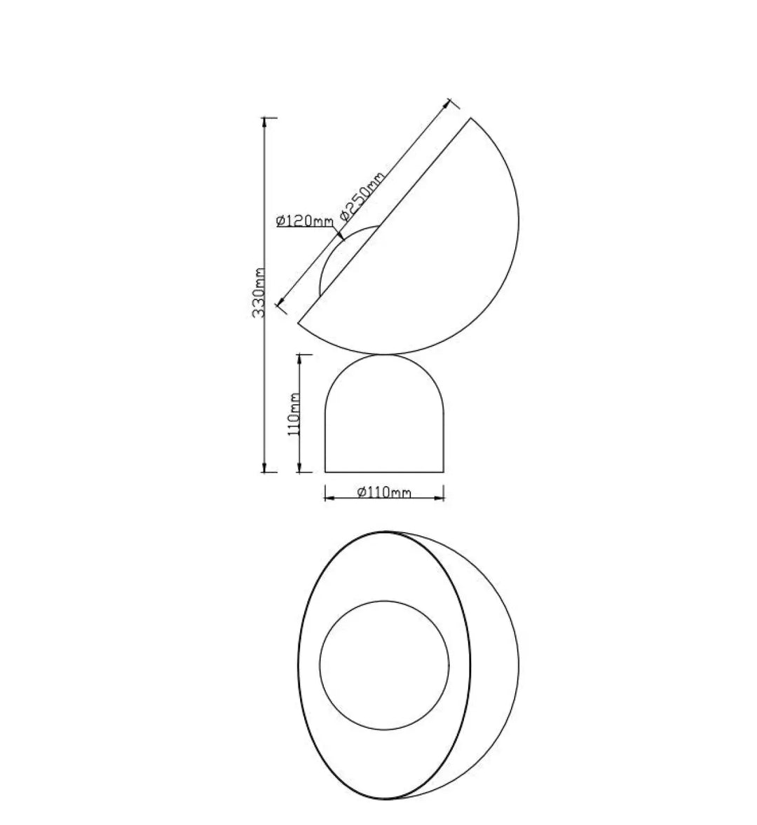 Dessin technique d’une lampe tavo de chevet en acier noir avec base minérale et dimensions en millimètres