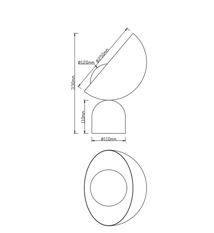 Dessin technique d’une lampe tavo de chevet en acier noir avec base minérale et dimensions en millimètres