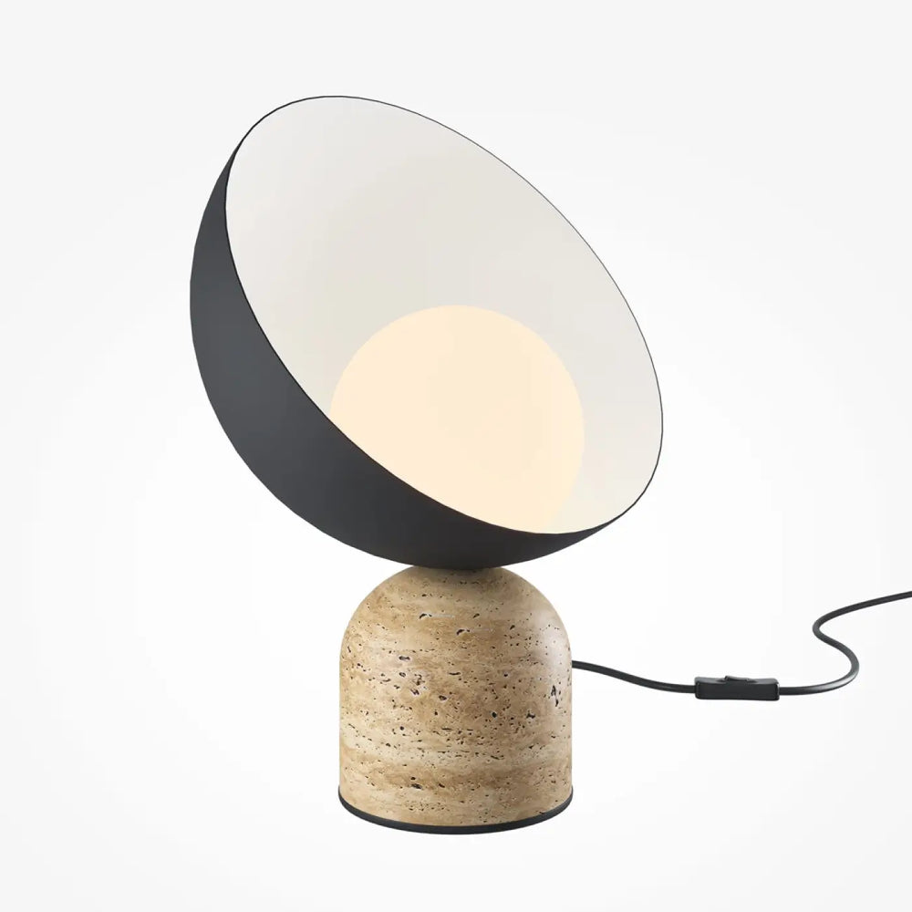 Lampe tavo lampe de chevet avec diffuseur compact conique blanc et noir sur base minérale en liège beige texturé