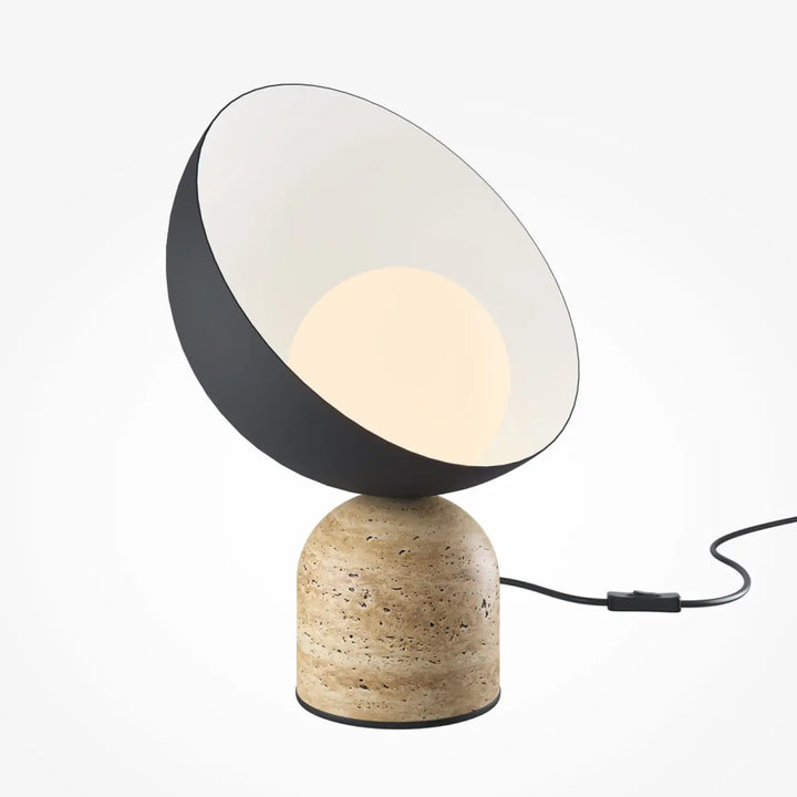 Lampe tavo lampe de chevet avec diffuseur compact conique blanc et noir sur base minérale en liège beige texturé