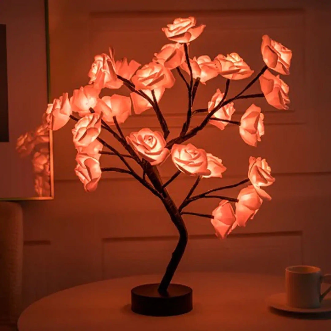 Lampe de chevet lirose en forme d’arbre orné avec lampe décorative rose lumineuse et base marron foncé