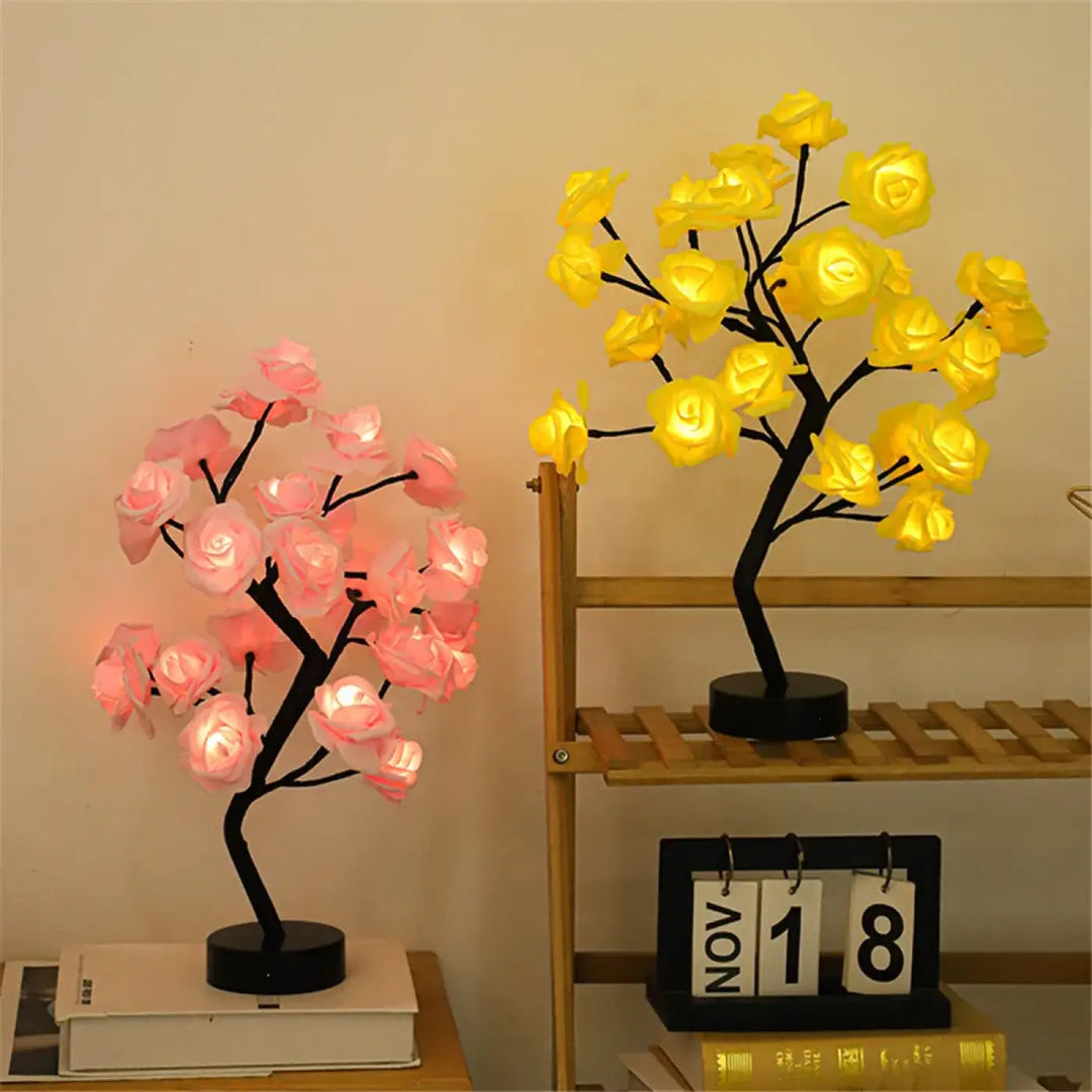 Lampe de chevet lirose forme d’arbre orné avec lampes décoratives roses et jaunes sur tiges et bases noires