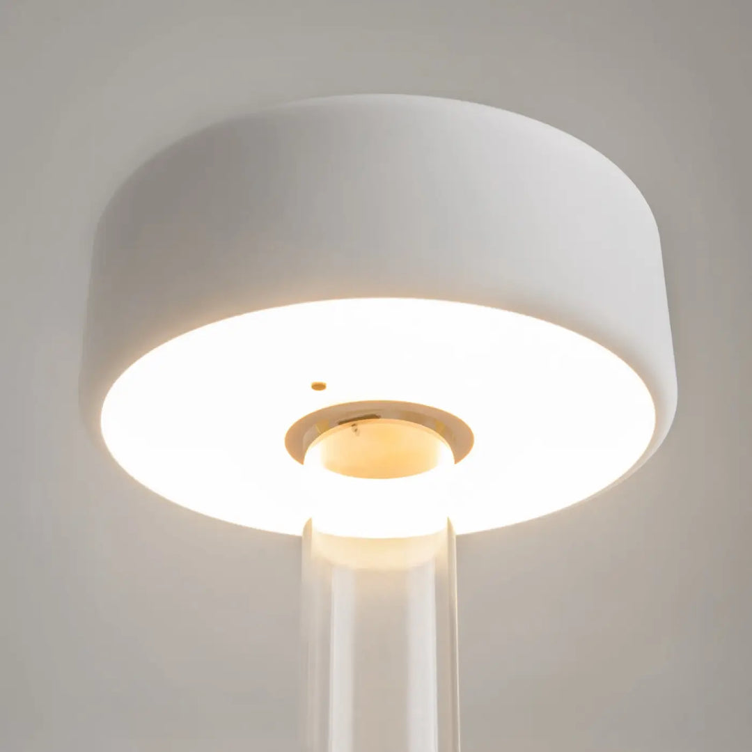 Lampe de chevet cylindrique blanche avec tige en acrylique translucide lumière led dimmable et batterie rechargeable