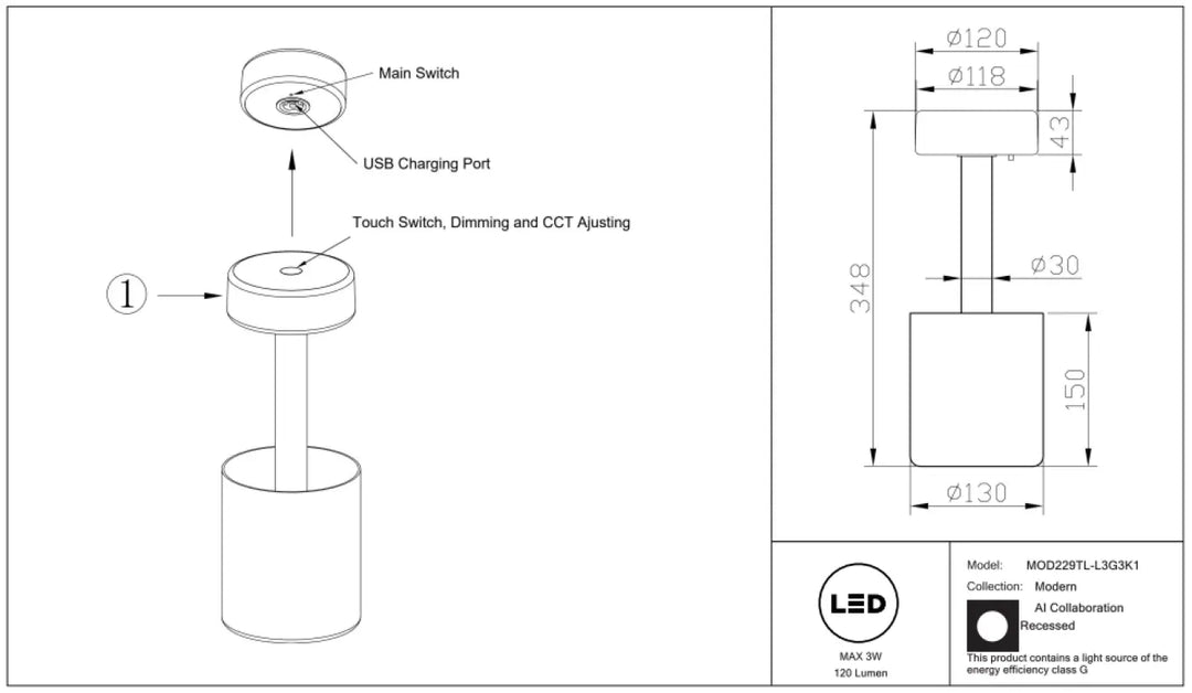 Lampe de chevet ai vase led avec lumière led dimmable, base cylindrique, port usb et batterie rechargeable intégrée