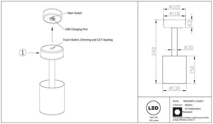 Lampe de chevet ai vase led avec lumière led dimmable, base cylindrique, port usb et batterie rechargeable intégrée