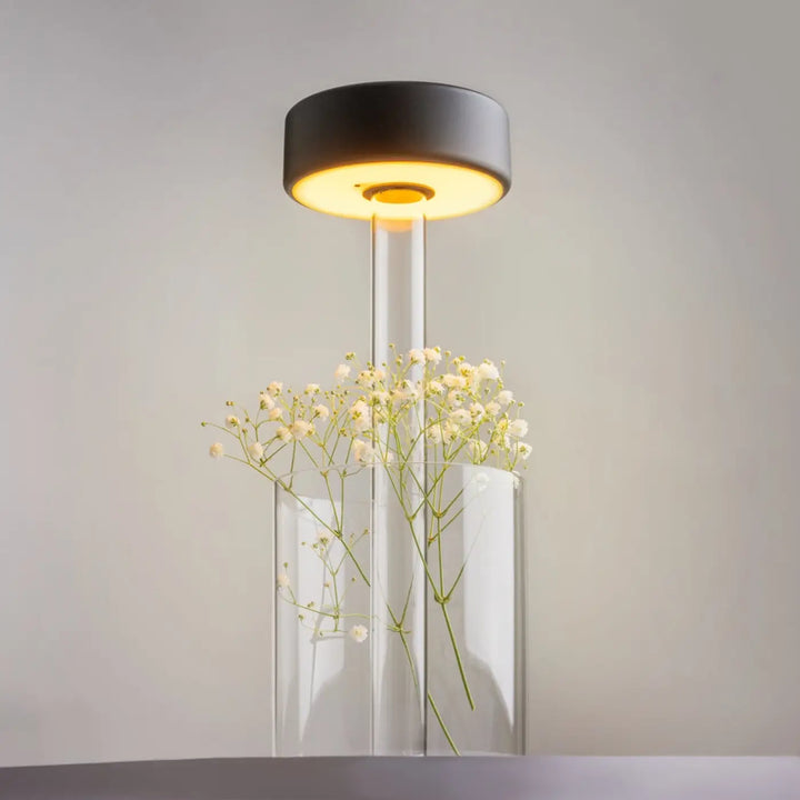 Lampe de chevet moderne avec lumière led dimmable, abat-jour noir, tige en verre transparente et décoration florale délicate