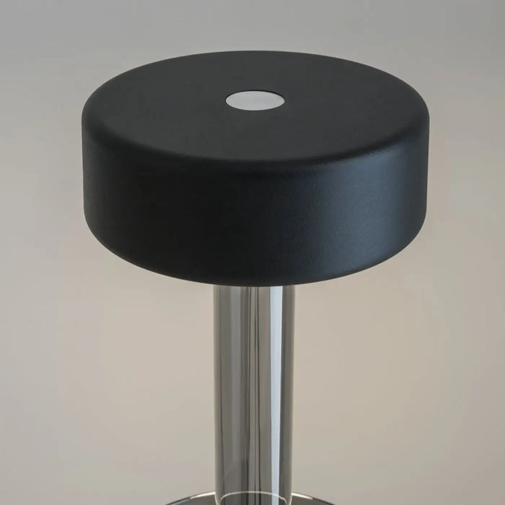 Lampe de chevet ai vase avec tabouret rond noir rembourré et base chrome, lumière led dimmable et batterie rechargeable