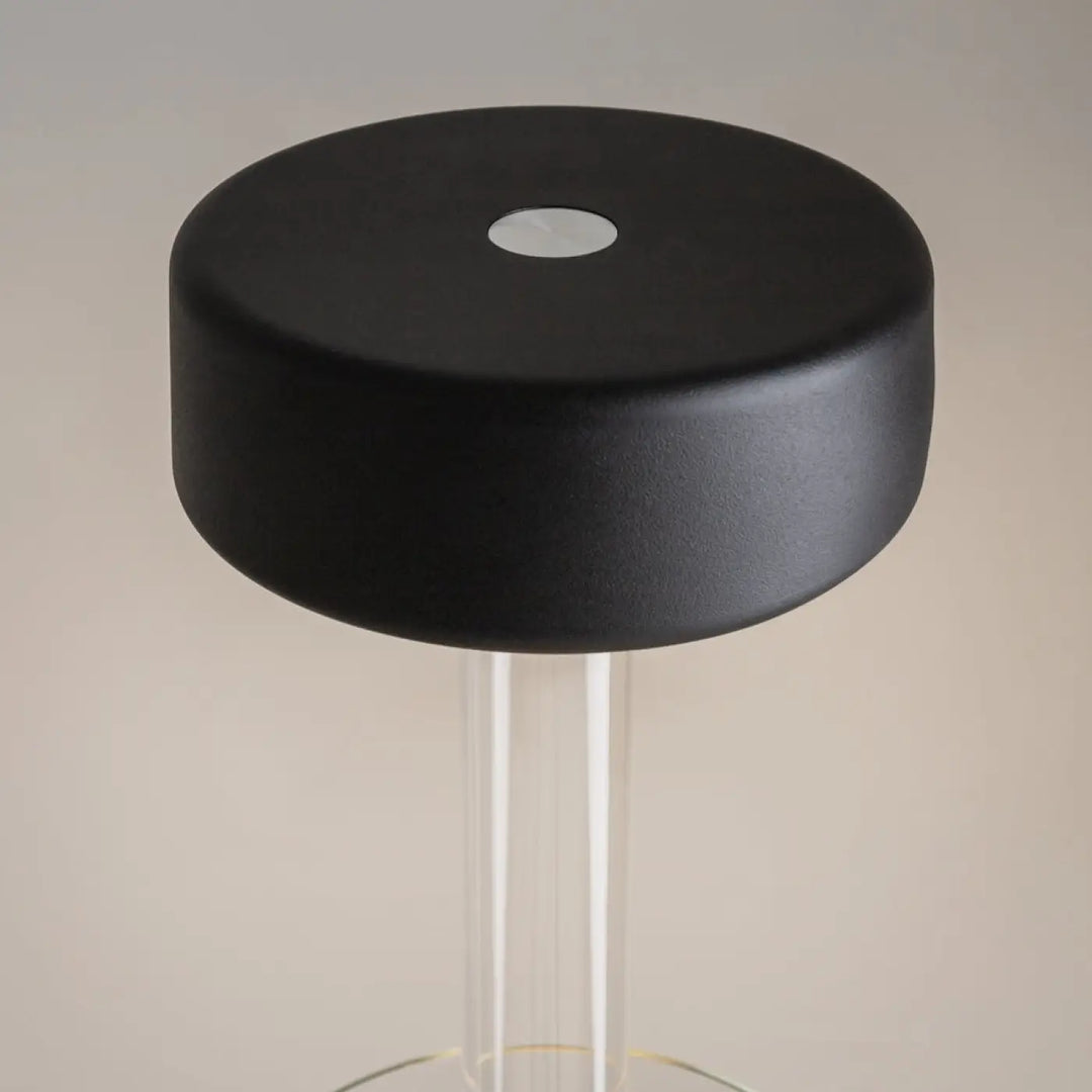 Lampe de chevet ai vase avec tabouret circulaire noir mat et pieds transparents en acrylique, lumière led dimmable rechargeable