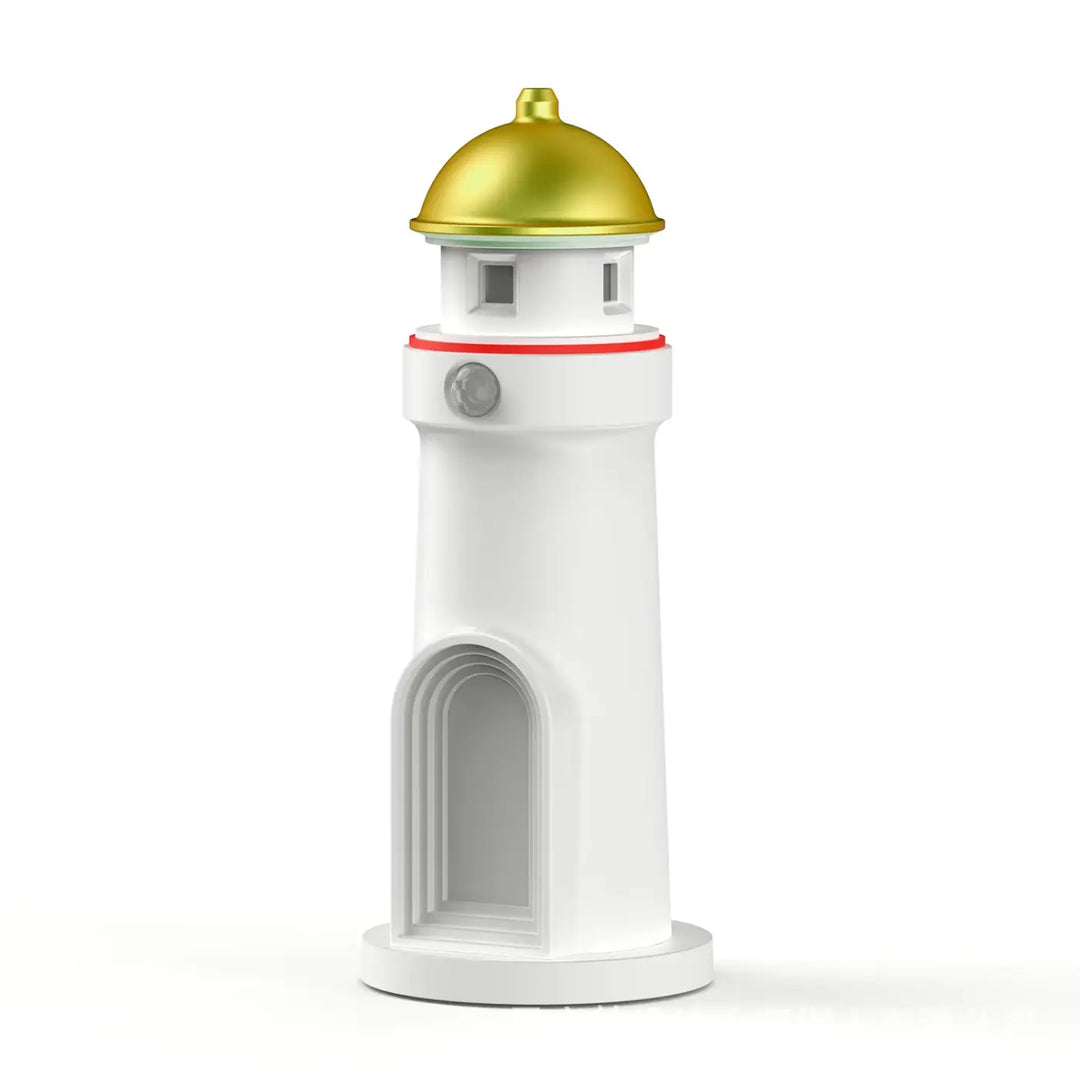 Lampe de chevet lampe lunaire cosy en forme de phare blanc avec dôme doré et anneau rouge design lunaire cosy moony