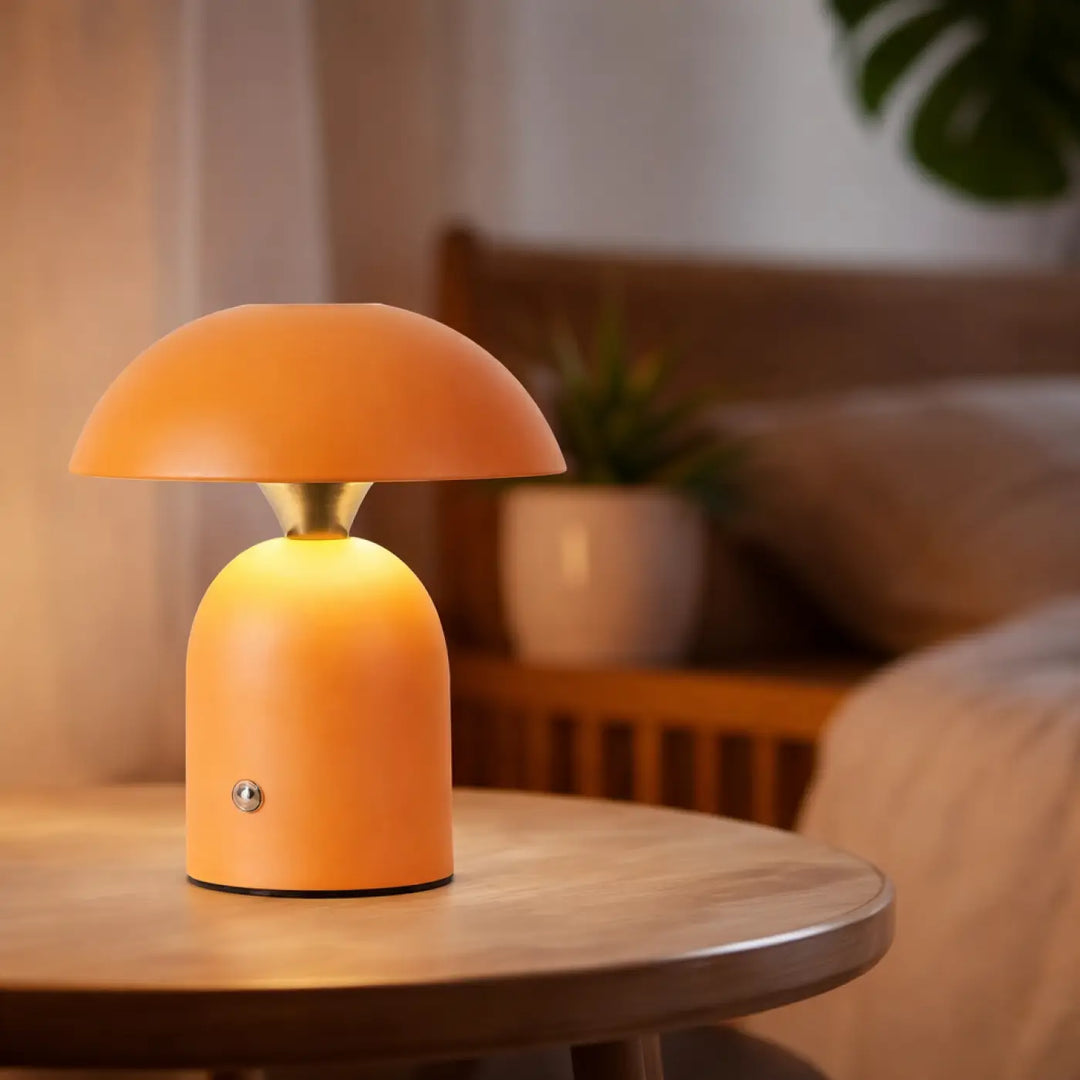 Lampe de chevet schroom avec lampe minimaliste en forme de champignon orange chaud à lumière douce et accent en laiton