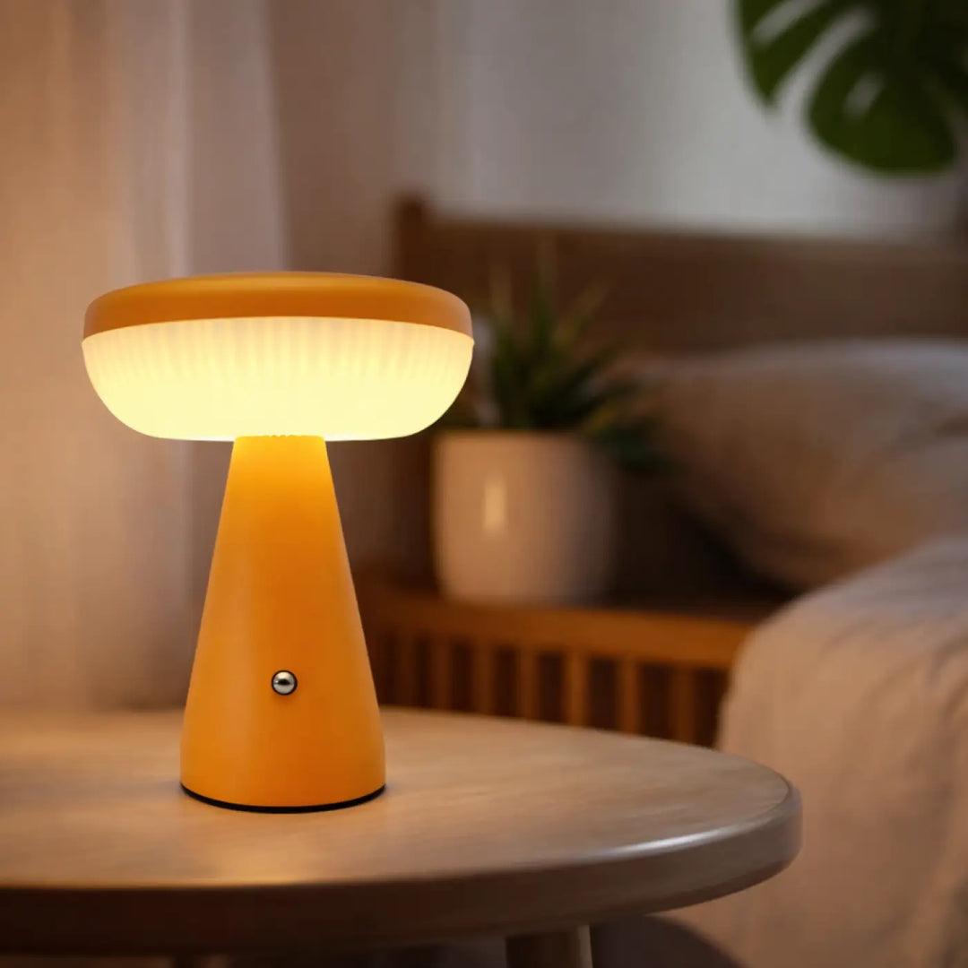 Lampe de chevet schroom minimaliste à lumière douce avec corps en plastique orange et lumière diffusée chaleureuse