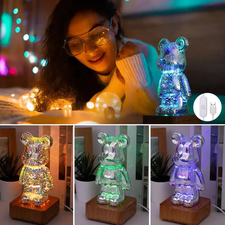 Lampe ourson décorative lumineuse translucide avec effets lumineux multicolores et base en bois pour ambiance chaleureuse