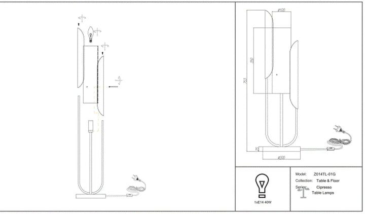 Lampe de chevet cipresso avec corps métallique doré courbé et abat-jour en verre opalin pour une lumière douce
