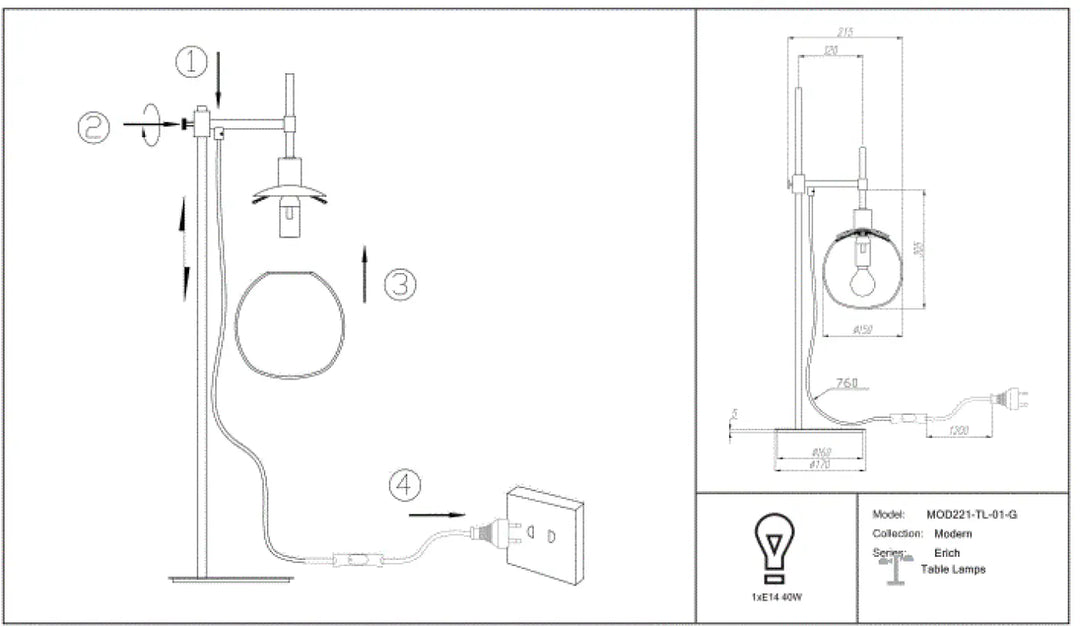 Lampe de chevet erich globe orientable avec bras ajustable et abat-jour en verre soufflé pour lumière douce