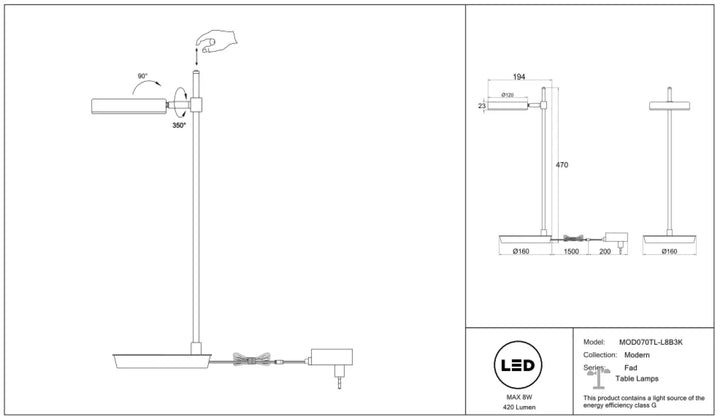 Lampe de chevet fad en métal noir avec tête ronde orientable et bras ajustable, sortie lumineuse de 420 lumens