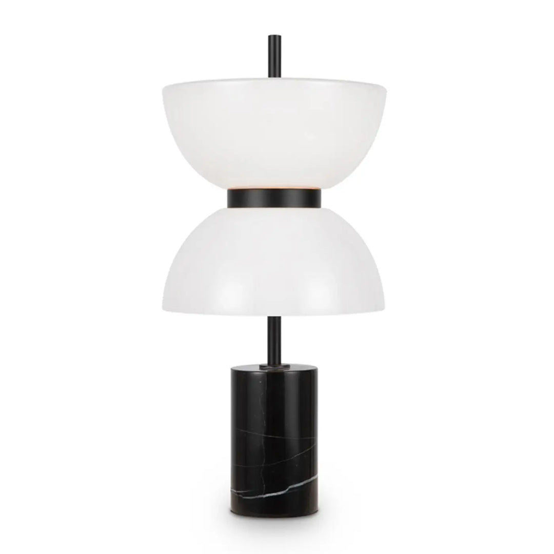 Lampe à poser kyoto led avec verre opalin blanc empilé et base en marbre noir moderne pour chevet