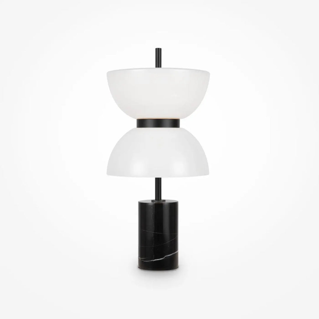 Lampe à poser kyoto led avec deux abat-jours en verre opalin empilés sur base en marbre noir et pied métal fin
