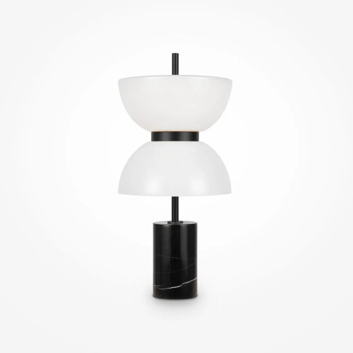 Lampe à poser kyoto led avec deux abat-jours en verre opalin empilés sur base en marbre noir et pied métal fin