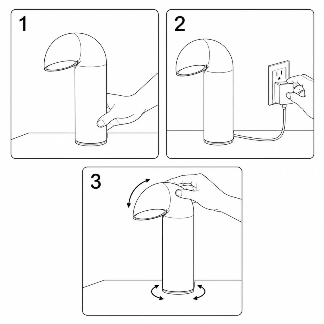Lampe ciro blanche cylindrique avec tête orientable et base pivote, ventilateur électrique de table conçu pour chevet