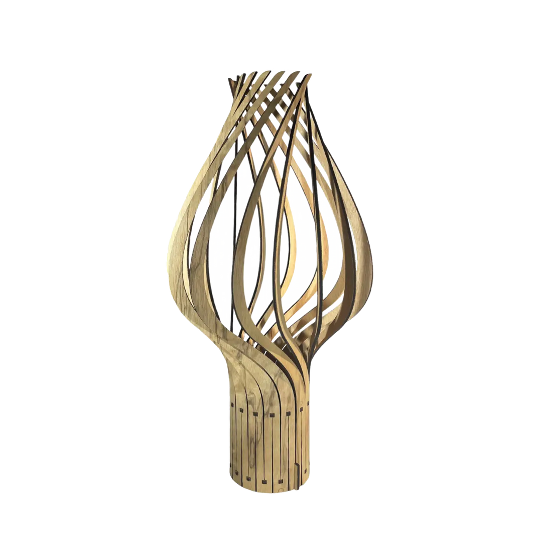 Lampe à poser bois fsc montenyel en finition naturelle avec design moderne en bois clair en forme de flamme