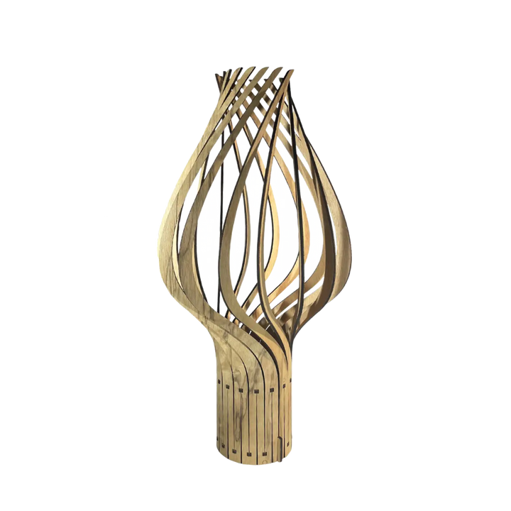 Lampe à poser bois fsc montenyel en finition naturelle avec design moderne en bois clair en forme de flamme