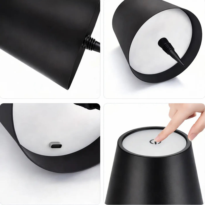 Lampe rétro chic winny noire cylindrique avec base éclairée blanche et port usb-c pour charger appareils électroniques