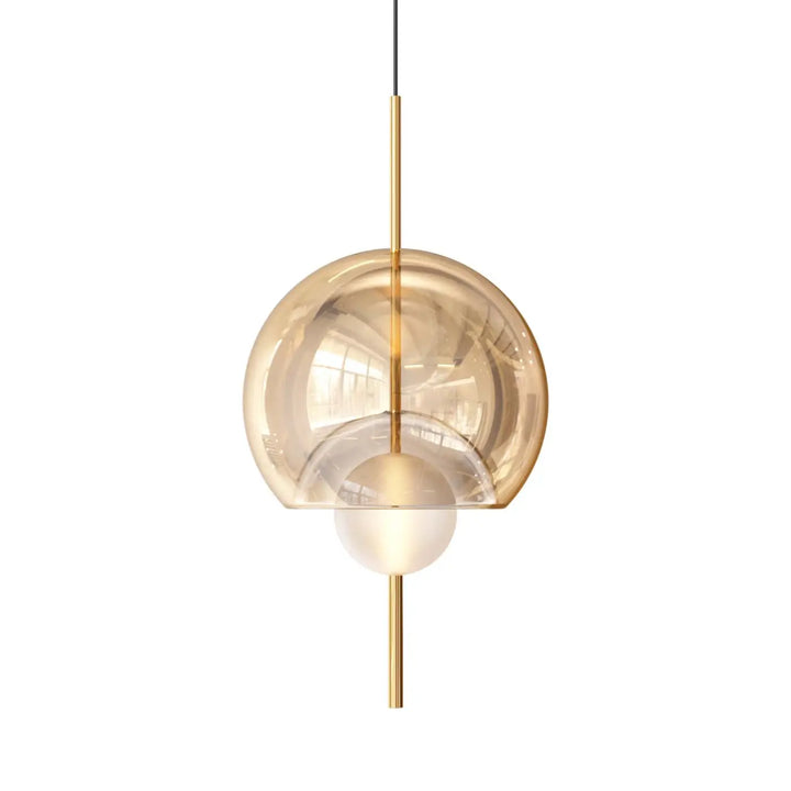 Lampe suspendue galileo avec structure métallique dorée et globe en verre ambré translucide moderne