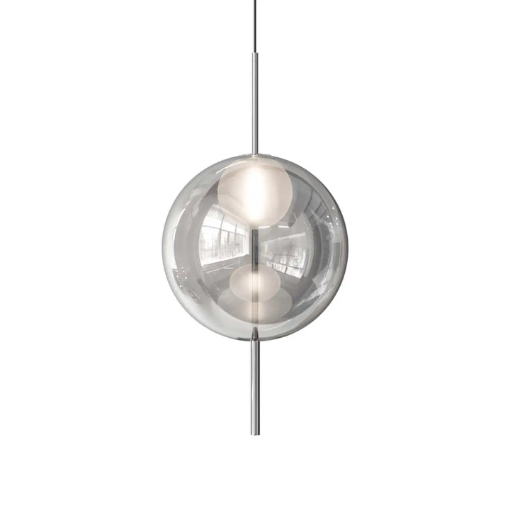 Lampe suspendue galileo moderne avec globe en verre transparent et deux ampoules chaudes suspendue par tiges chrome