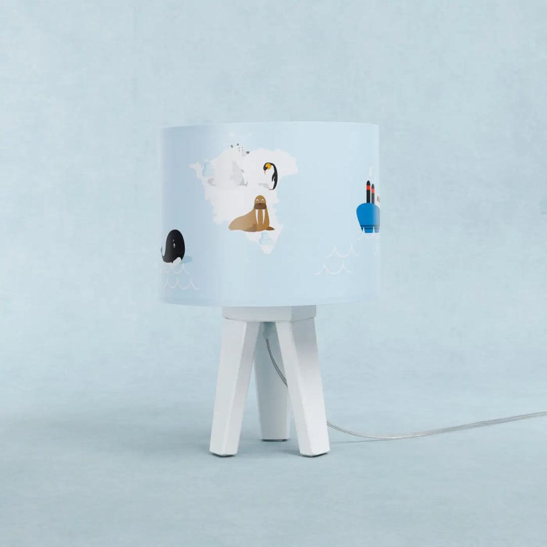 Lampe de table sweet dreams bleu clair avec base trépied blanc et illustrations d animaux arctiques pour lumière douce table enfant marron enfant aux