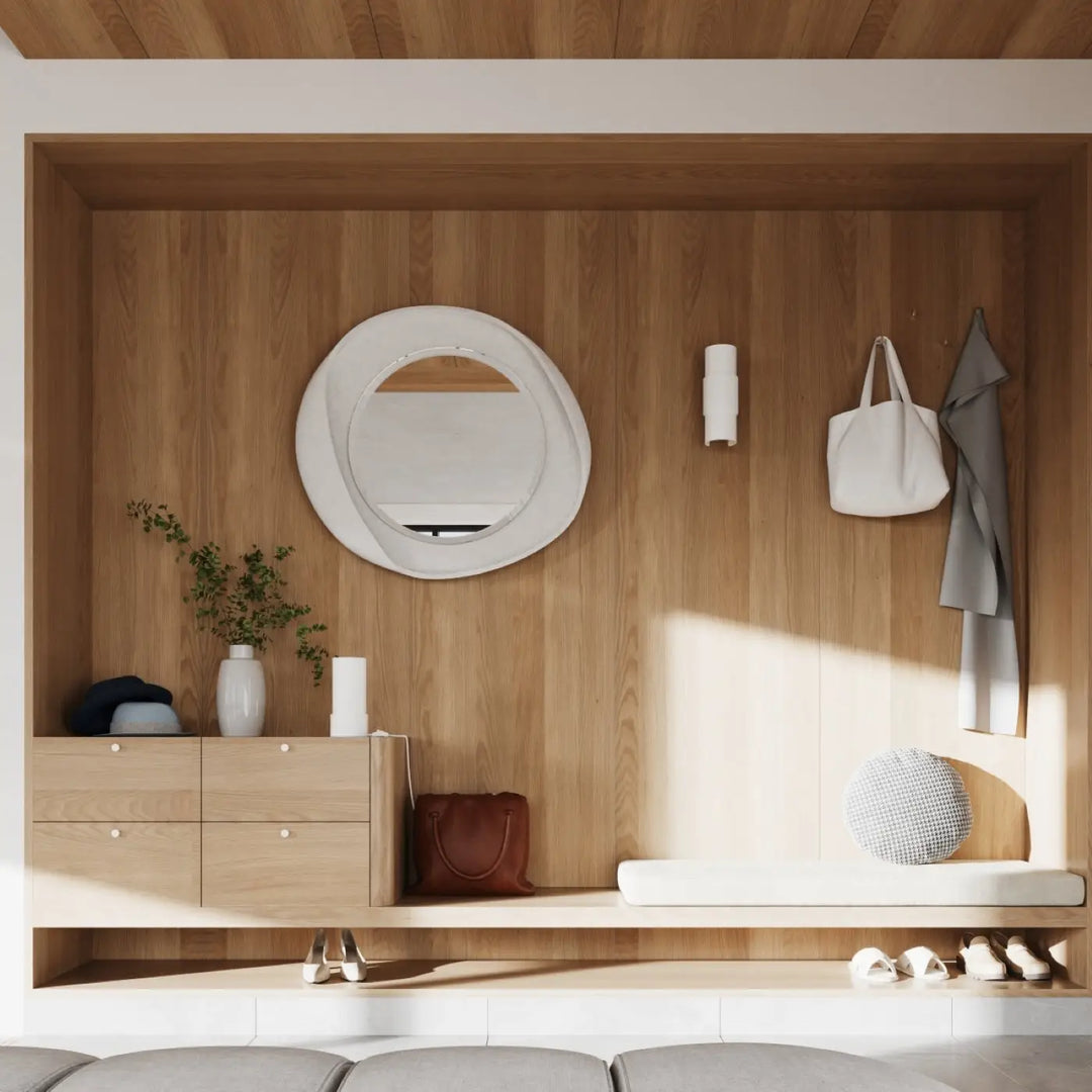 Lampe flash blanche avec miroir circulaire et cadre texturé en bois, conception unique avec feuille rotative