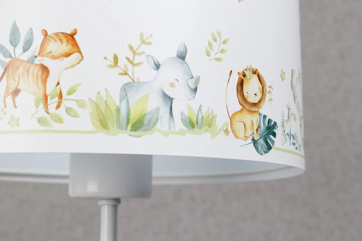 Lampe de table sweet dreams jaune blanc avec abat-jour blanc jaune aux animaux, illustration douce et étoiles dorées