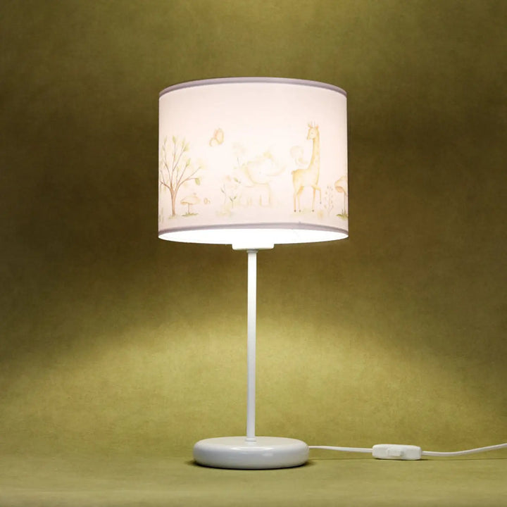 Lampe de table sweet dreams marron clair avec abat-jour cylindrique blanc à motifs animaux pour décoration intérieure