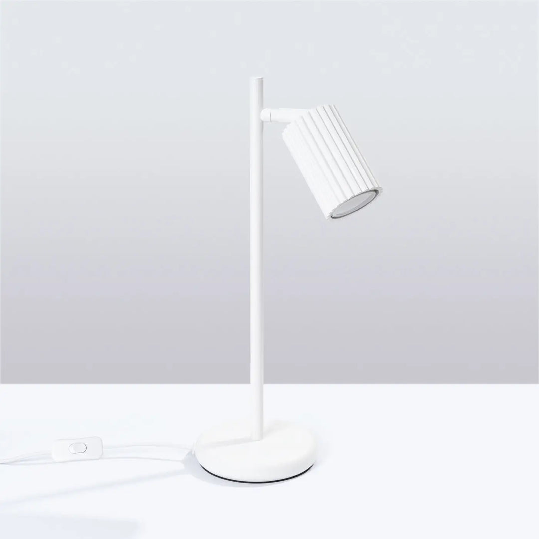 Lampe a poser karbon blanc avec corps cylindrique et abat-jour cannelé design minimaliste et ampoules gu10 interchangeables